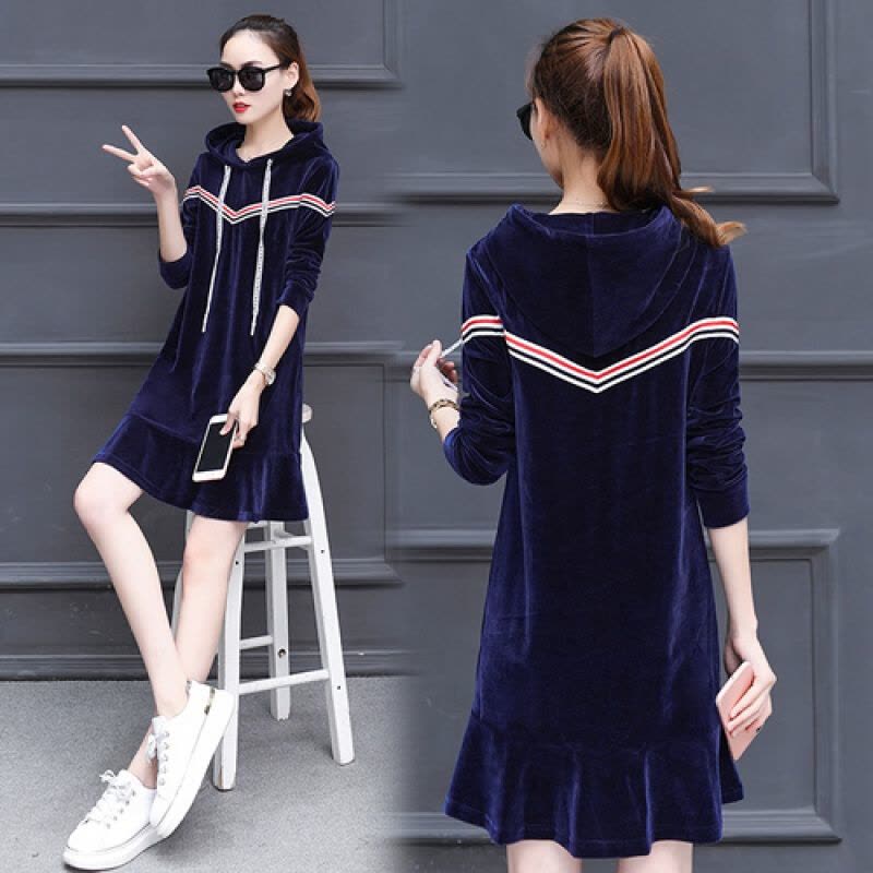 迪鲁奥(DILUAO)孕妇连衣裙秋冬季 新款孕妇连衣裙秋装金丝绒宽松裙摆孕妇裙b855- 蓝色 均码图片