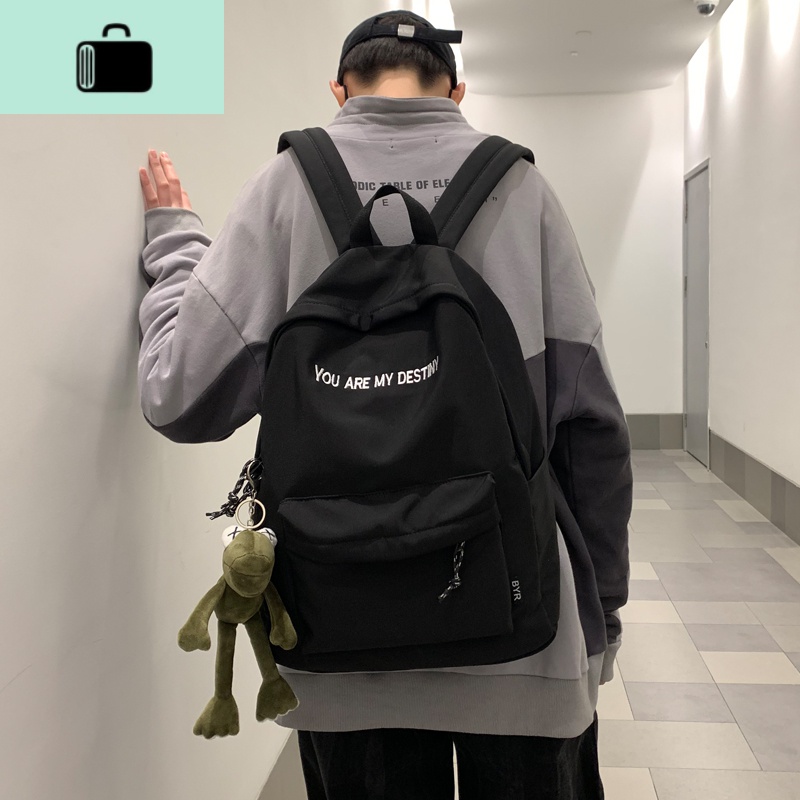 书包韩版原宿ulzzang女背包高中学生初中生百搭ins风男情侣双肩包NEW LAKE 黑色大号【配大青蛙挂件】