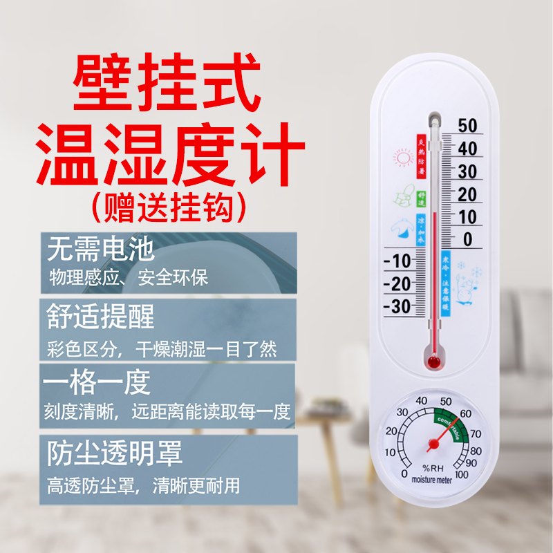 壁挂式室内温度计家用精准温湿度计高精度干湿温度计表挂墙气温计 三维工匠 A336基础款白色挂钩高清大图