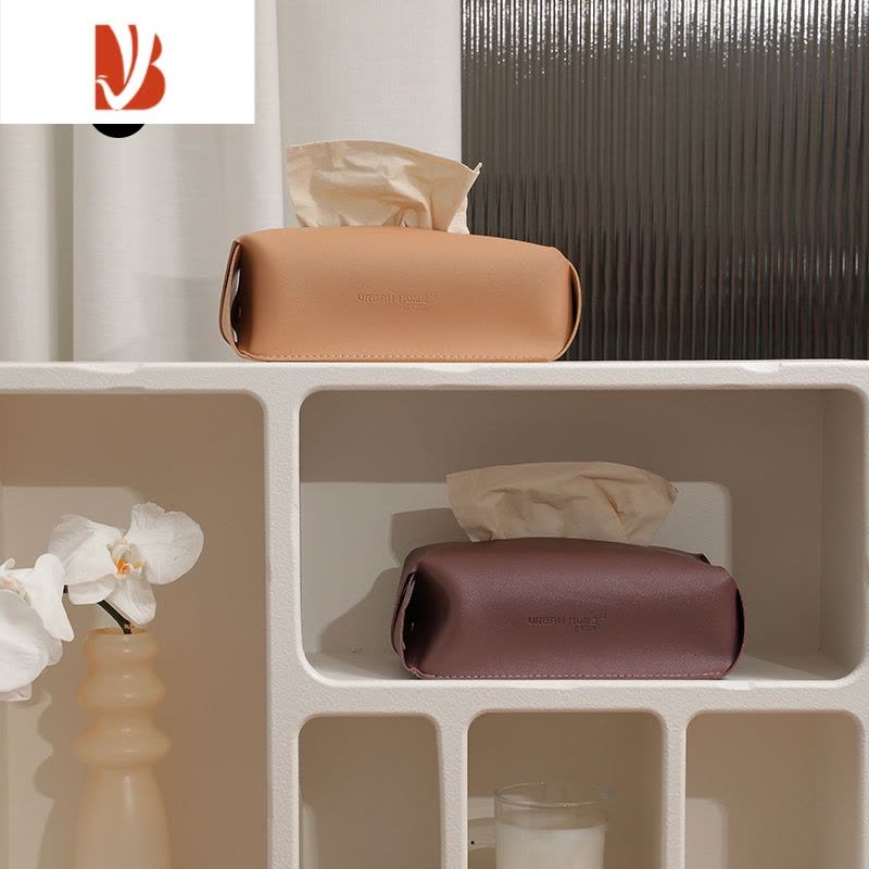 三维工匠皮革纸巾盒挂壁式免打孔客厅轻奢桌面厨房收纳车载抽纸盒 卡其色 新版配长短挂绳图片