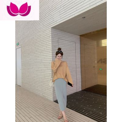 七斓◆冰茶套装~宽松慵懒感轻薄针织上衣女 开叉半身裙 沙灰绿半裙-现货 XS