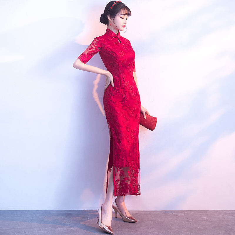 红色新娘敬酒服旗袍2018新款冬季长款复古中国风中式结婚礼服裙女