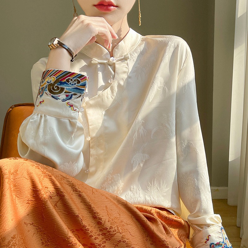 新中式白色衬衫女春夏新款国风提花衬衣立领缎面百搭上衣高级感