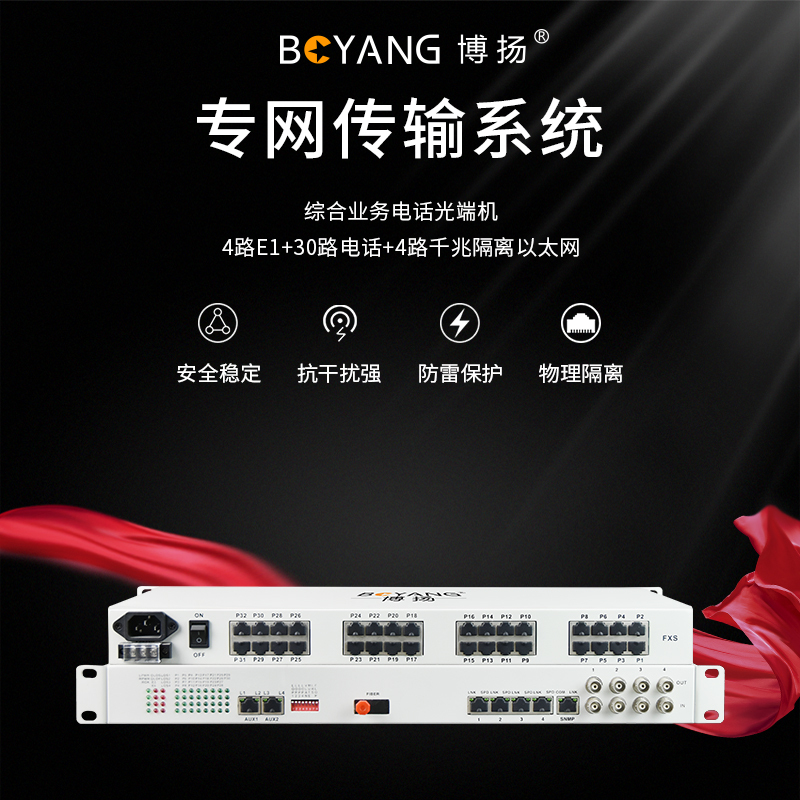 博扬 综合业务光端机 4路E1+30路电话+4路千兆隔离以太网 单纤40km 机架式 1对BY-30P4E1+4EGEV