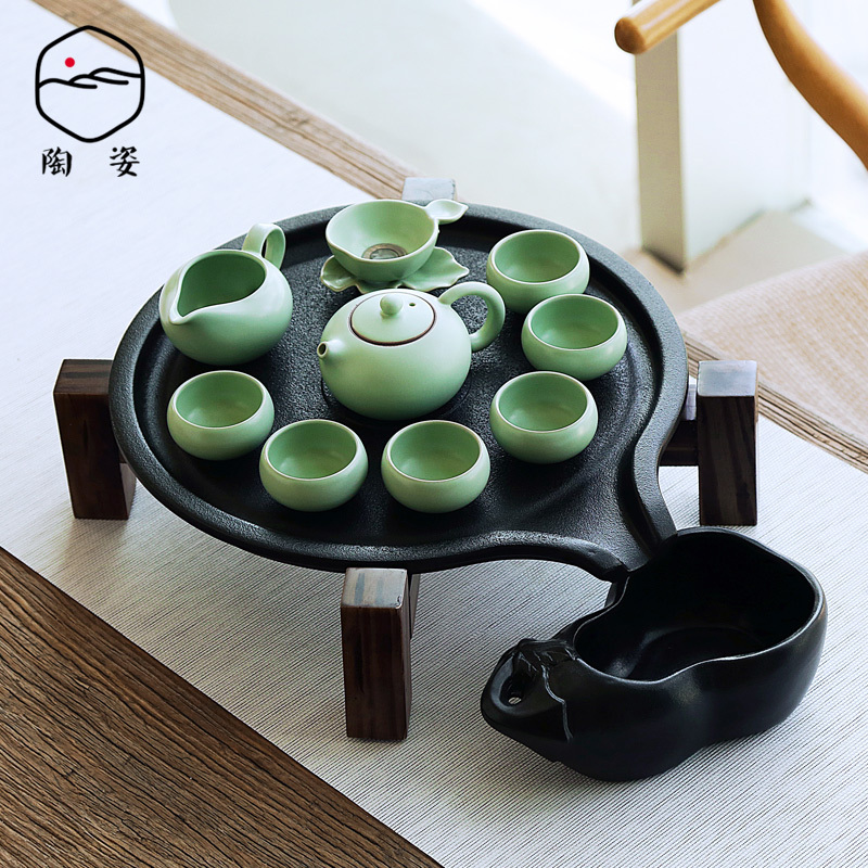 陶姿家用紫砂功夫自动茶具套装组汝窑黑陶玻璃陶瓷石磨干泡小茶盘