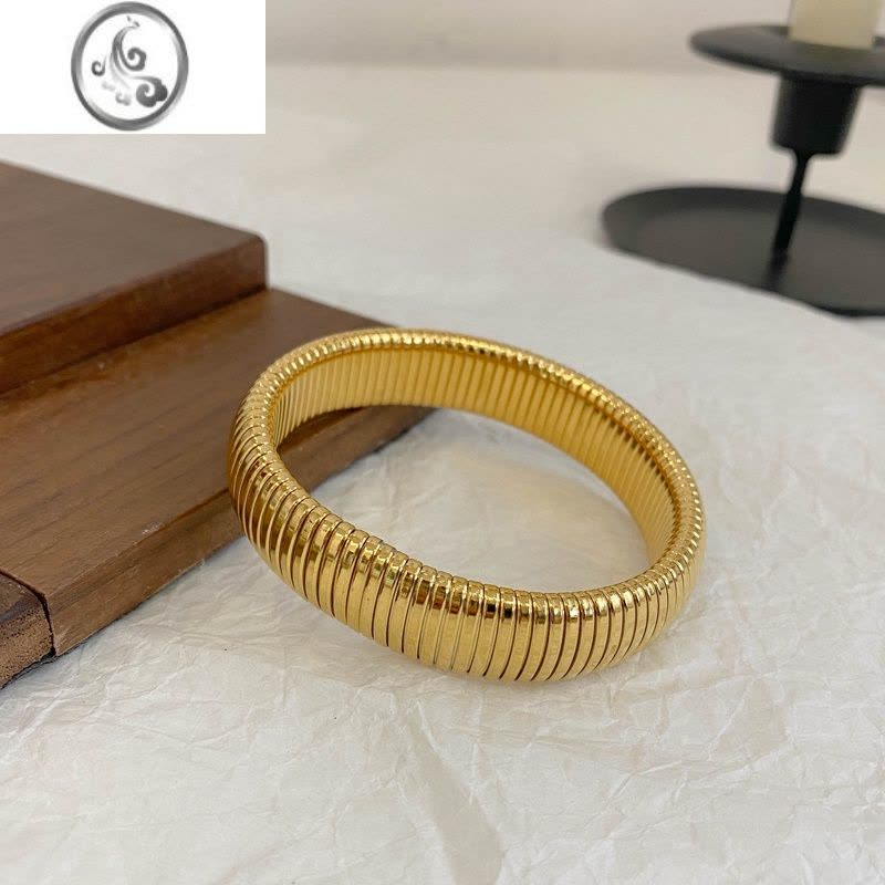 JiMi金色弹力钛钢蛇骨宽手镯女欧美小众夸张银色金属叠戴手环手圈镯子图片