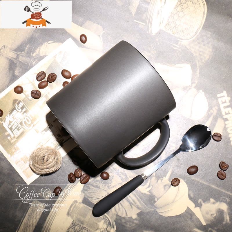 欧式陶瓷黑色哑光大容量马克杯子创意简约磨砂咖啡杯带勺水杯 敬平图片