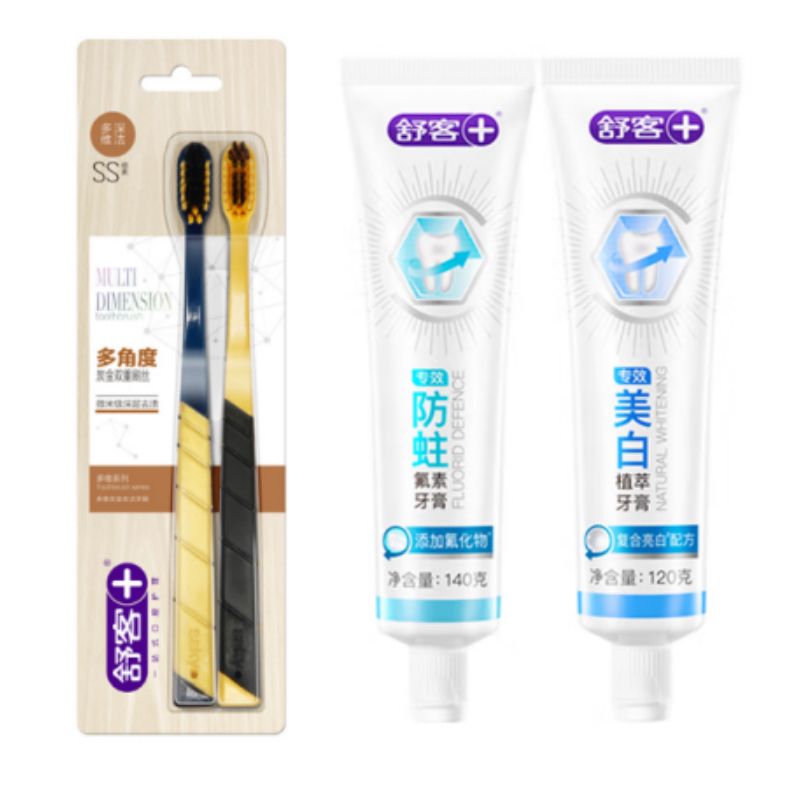 舒客+ 牙膏套装家庭实惠装 美白去渍清新口气 美白+防蛀共 120g*2支+牙刷2支