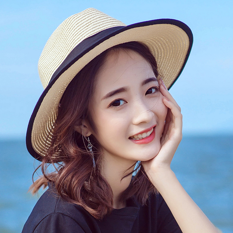 草帽新款海边沙滩帽子女夏气质百搭时尚太阳帽防晒防紫外线遮阳帽亚麻