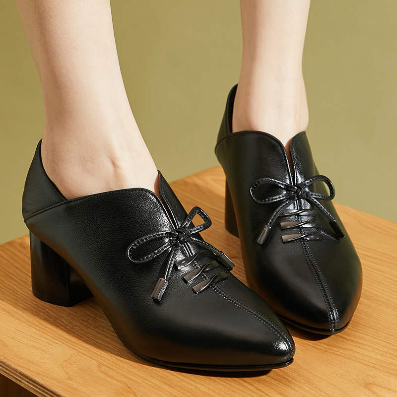 [春节不打烊]女鞋2022新款春季牛皮韩版百搭尖头软皮中跟高深口