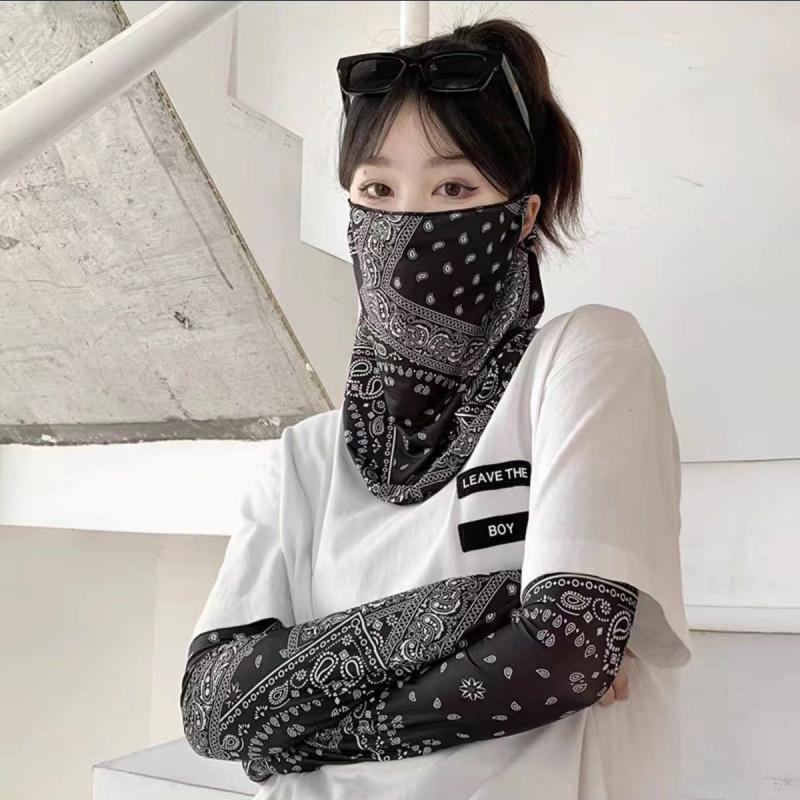 冰丝防晒面罩女骑行面巾男夏天遮阳防紫外线护颈围脖脖套挂耳面纱 腰果黑【面罩+袖套】两件套男女通用