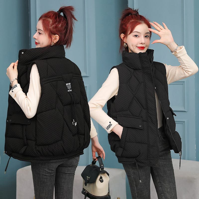 菱形羽绒棉马甲女2023秋冬新款今年流行洋气立领外套外穿坎肩背心_627 黑色 M
