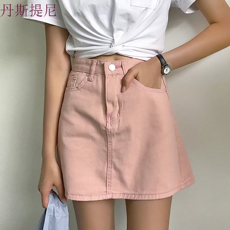 夏季甜美港味百搭女学生学院风高腰显瘦简约纯色牛仔半身裙A字裙图片