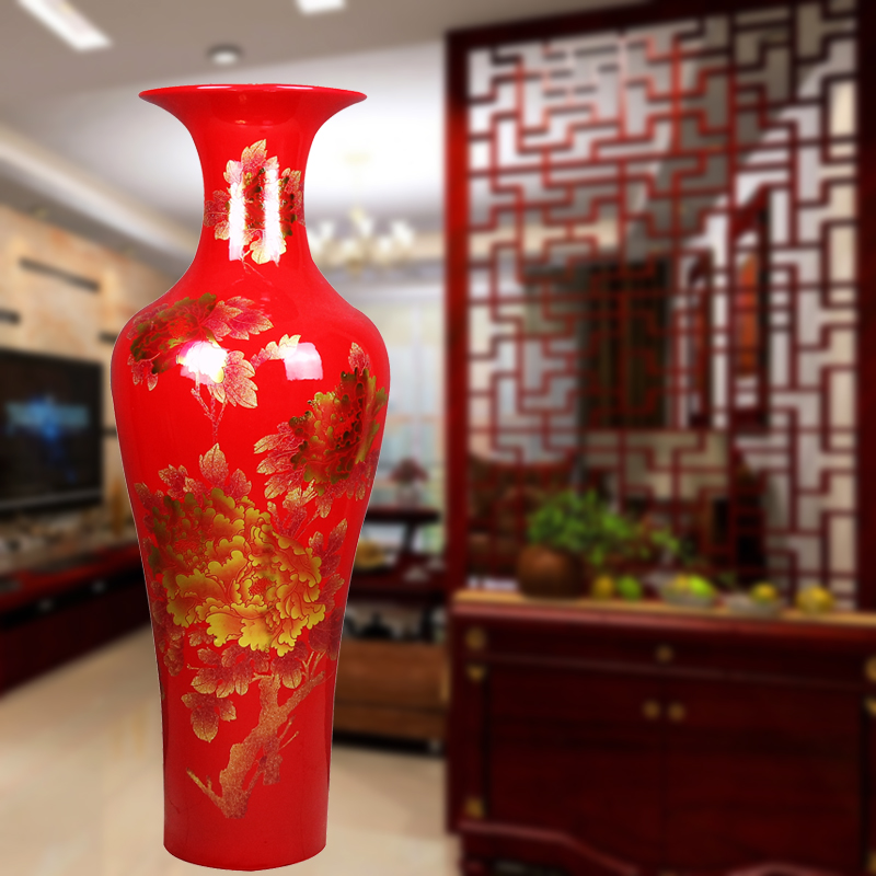 落地大花瓶中国红色牡丹客厅新房中式装饰1米大号摆件 三维工匠 白色牡丹1.3米送底座高清大图