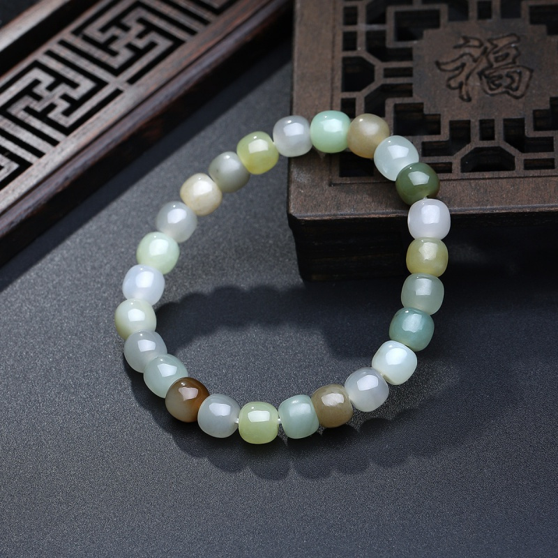 老庙 和田玉圆路路通青白色青绿色糖色苹果珠手链