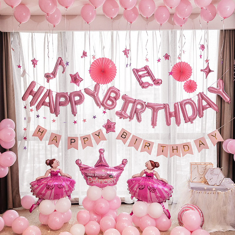 网红生日装饰场景布置派对趴体装饰品女孩儿童主题快乐气球背景墙粉色