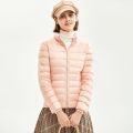 南极人2020冬新款轻薄羽绒服女短款大码修身立领连帽外套反季清仓_969 S 樱花粉【立领】