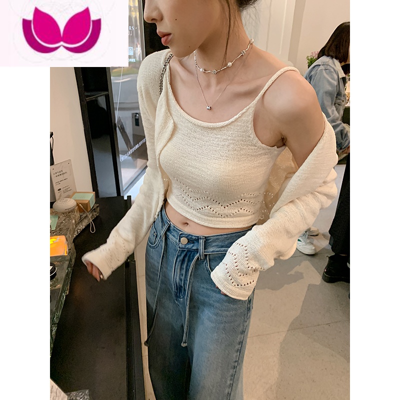 七斓洋气小衫漂亮套装女2023春季新款短款针织开衫吊带背心套高清大图