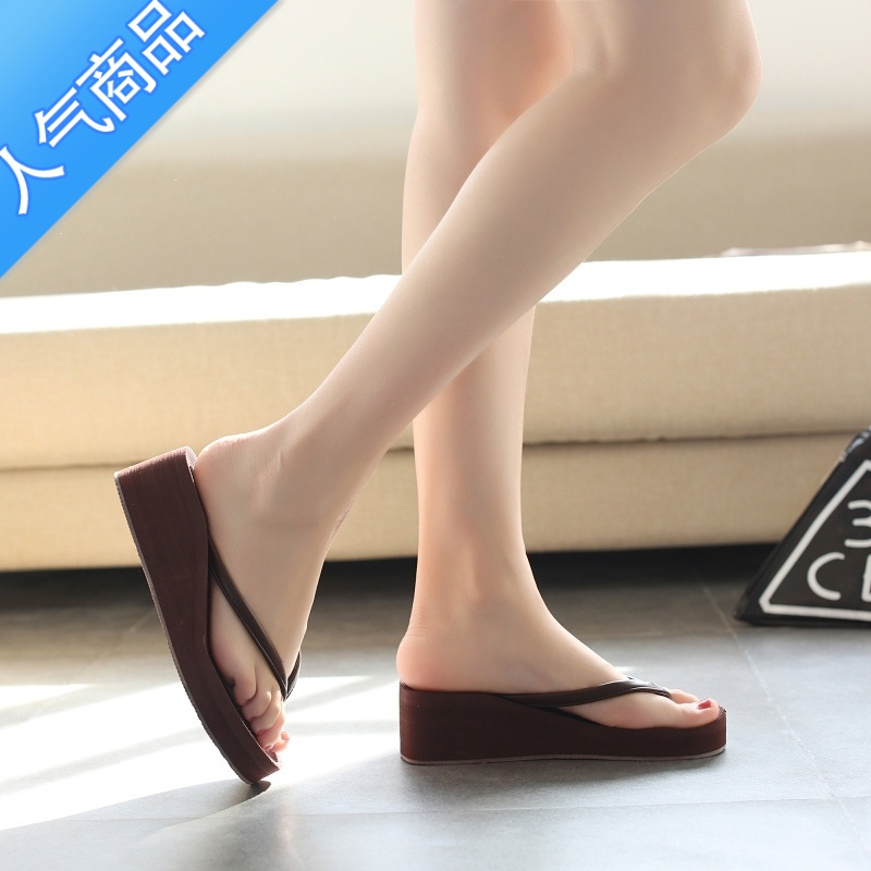 suntek夏季人字拖女防滑坡跟纯色凉拖鞋厚底防水台沙滩松糕鞋平跟凉拖