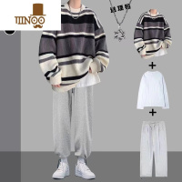 YANXU条纹毛衣套装男冬季ins潮牌复古宽松搭配一套休闲男装线衣三件套 2XL 黑色+项链+白长T+抽绳束脚裤灰