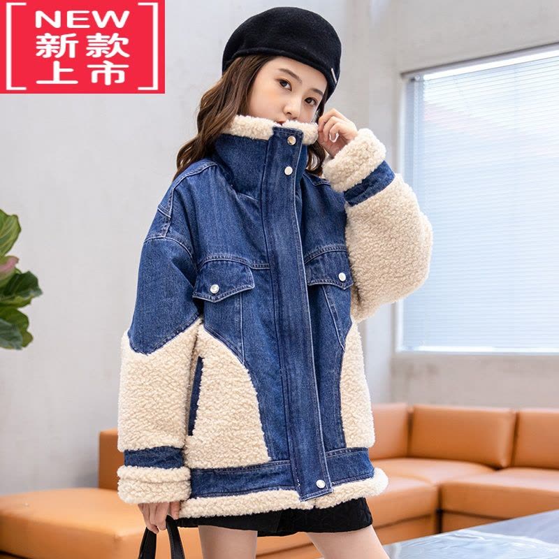 可莉允女童冬装2022新款网红大童洋气时髦牛仔外套加绒女孩秋冬季棉衣厚棉服图片