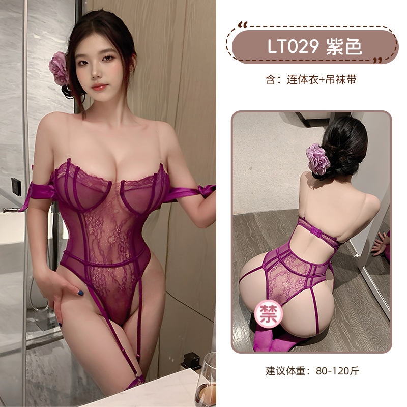 九里晴川性感蕾丝御姐吊带低胸显瘦诱惑小胸显大聚拢胸衣连体衣 九里晴川LT029【聚拢连体衣-开裆暗扣-紫】均码