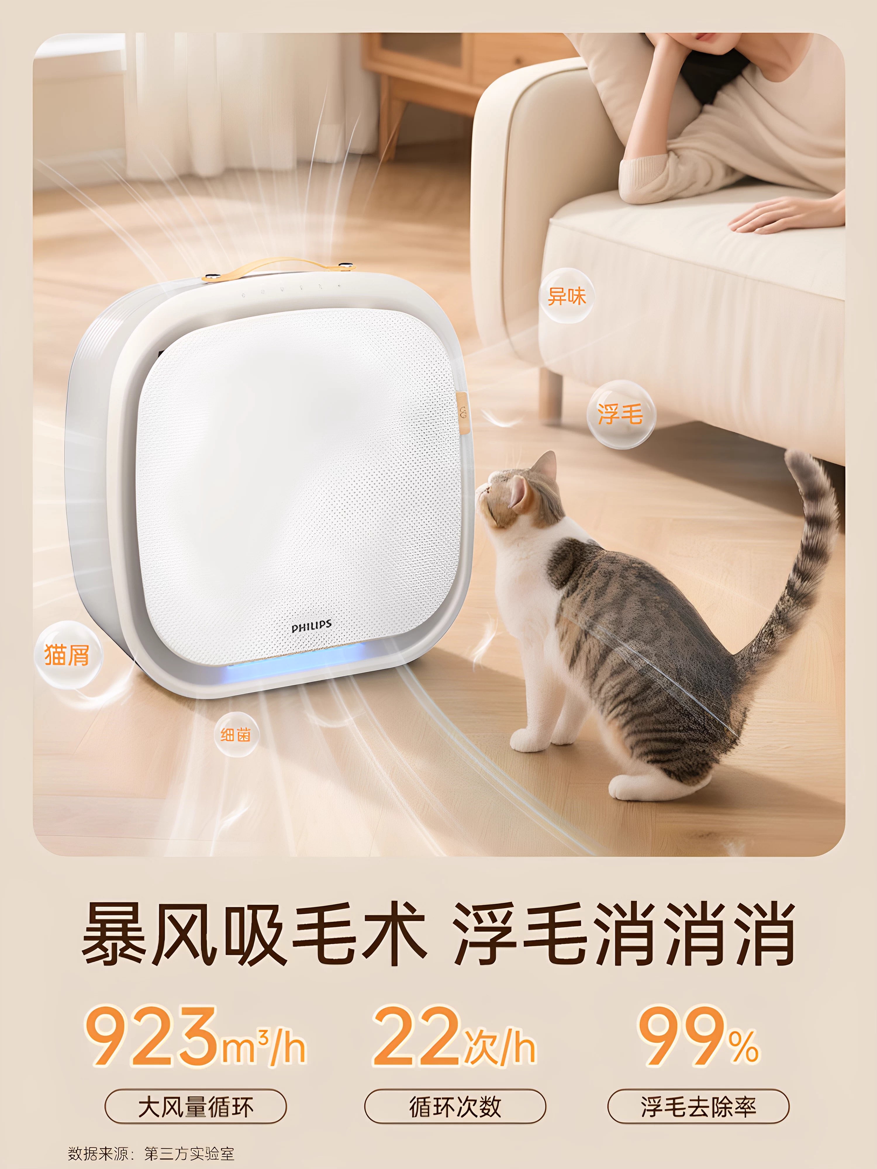 飞利浦宠物空气净化器除猫毛净化机吸毛除臭味除菌吞毛兽AC3360高清大图