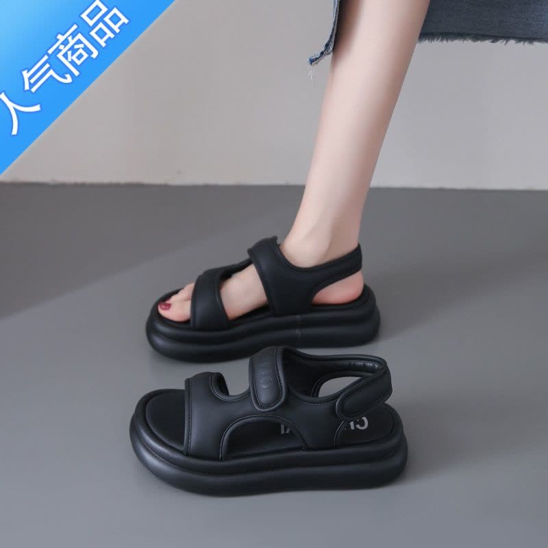 SUNTEK踩屎感凉鞋女款夏季2023新款厚底增高罗马鞋网红超火魔术贴沙滩鞋图片