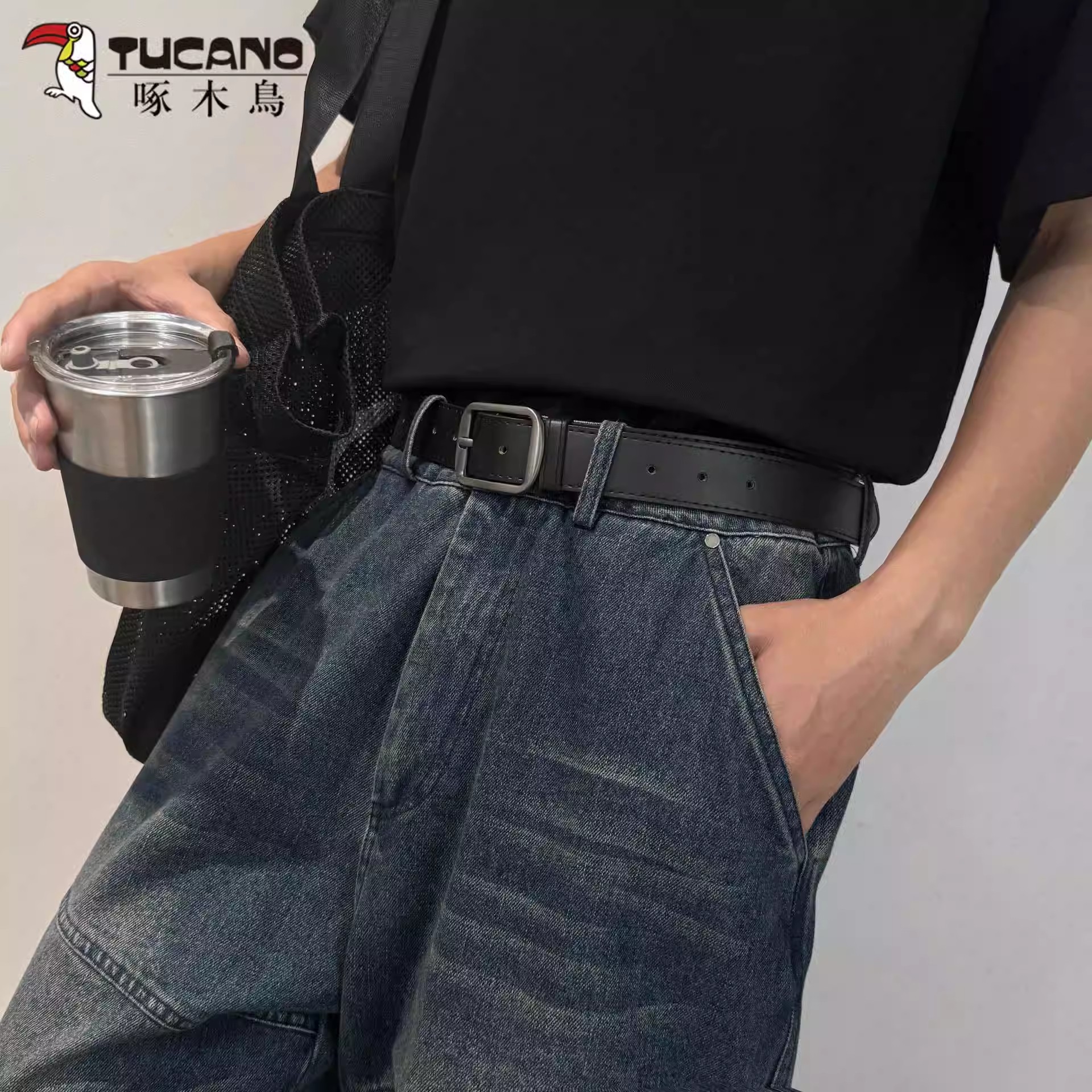 啄木鸟针扣皮带男潮韩版牛仔裤腰带年轻人简约男女百搭牛仔裤轻韩高清大图