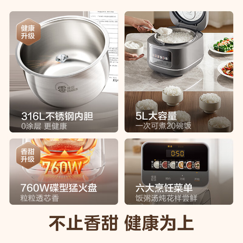 美的(Midea)电饭煲0涂层电饭锅5L大容量316L不锈钢内胆4-5人无涂层家用多功能微压电饭煲 MB-RE587S高清大图
