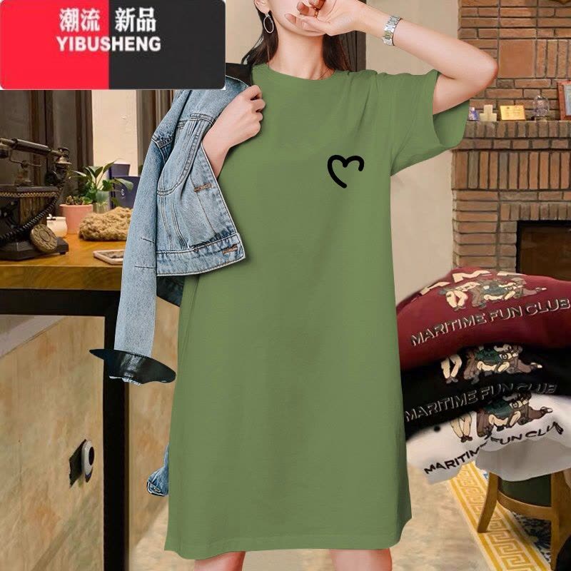 YIBUSHENG墨绿色中长款t恤裙2024季新款韩版宽松显瘦大码短袖连衣裙ins潮图片