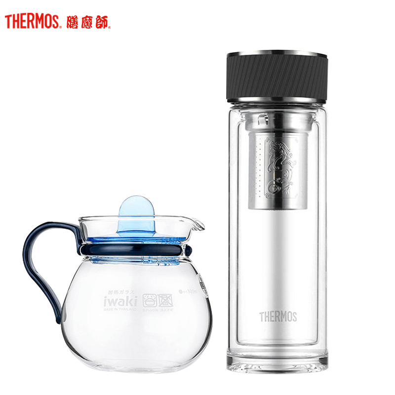 膳魔师（THERMOS）耐热玻璃杯男女双层泡茶水杯子TCGA-400S深灰套组