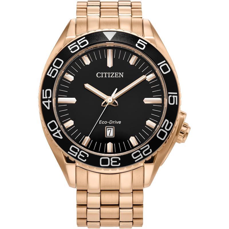 西铁城(CITIZEN)光动能男士腕表防水100米玫瑰金不锈钢商务休闲手表