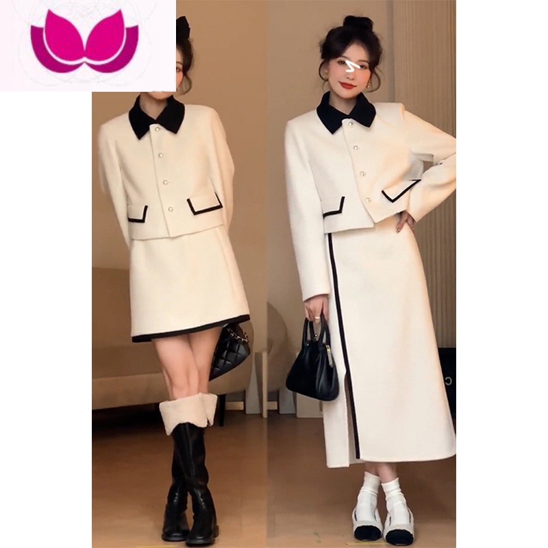 七斓早春装女2023新年奶系茶系穿搭一整套法式连衣裙子韩剧小香风套装 米白色上衣+短裙茶里茶气两件套冬/小香风套装/今年流行两件套 L