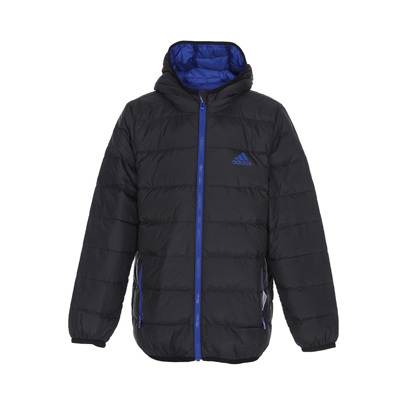 adidas童装logo印花拉链连帽羽绒服冬季男童黑色h40326视频