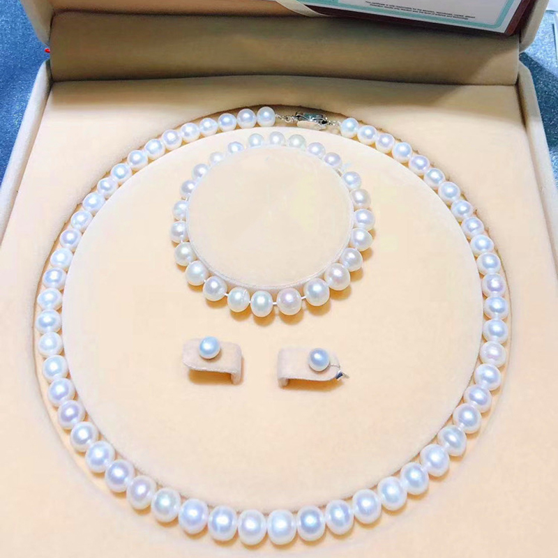 盛爵珠宝白色天然淡水珍珠微瑕近正圆项链三件套送妈妈女王节礼物78mm