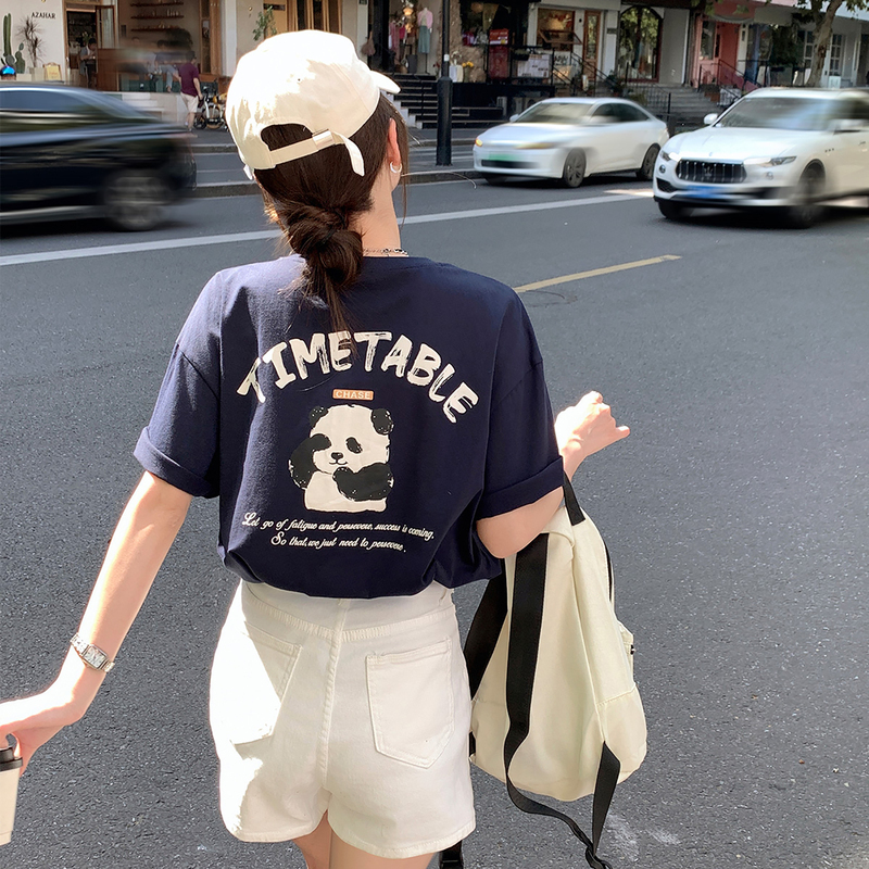 [1.5折价38元]唐狮熊猫印花圆领短袖T恤女新款夏季宽松纯棉上衣女甜美
