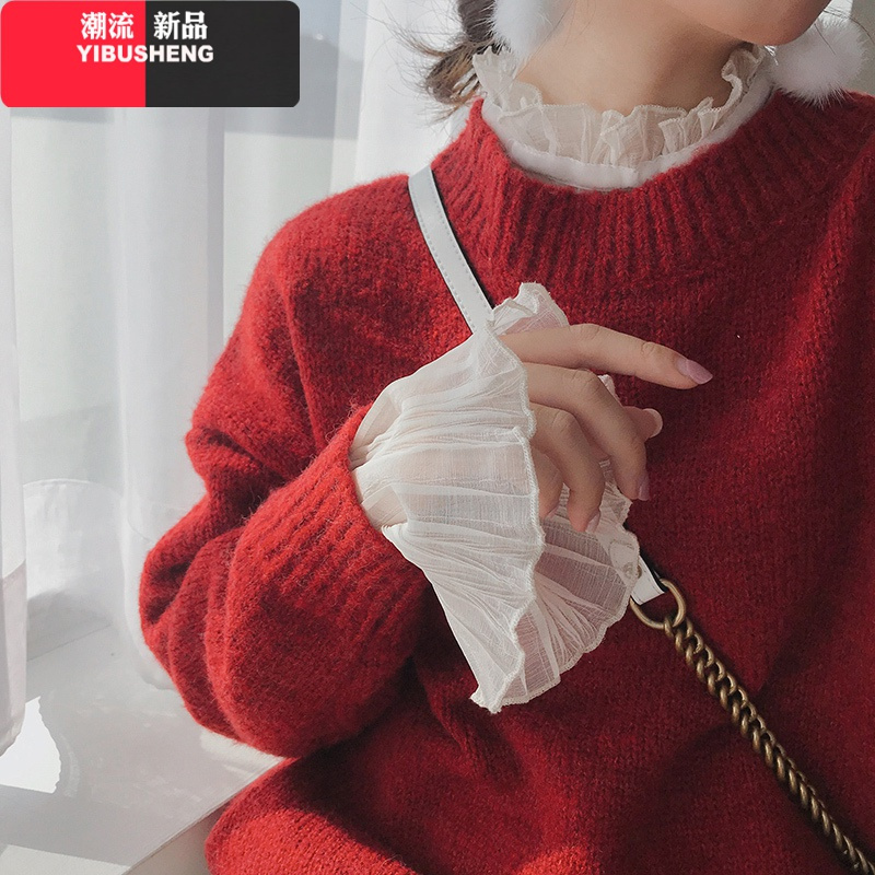 YIBUSHENG甜美雪纺蕾丝网纱打底衫女洋气薄款小衫长袖内搭宽松气质上衣春秋蕾丝衫