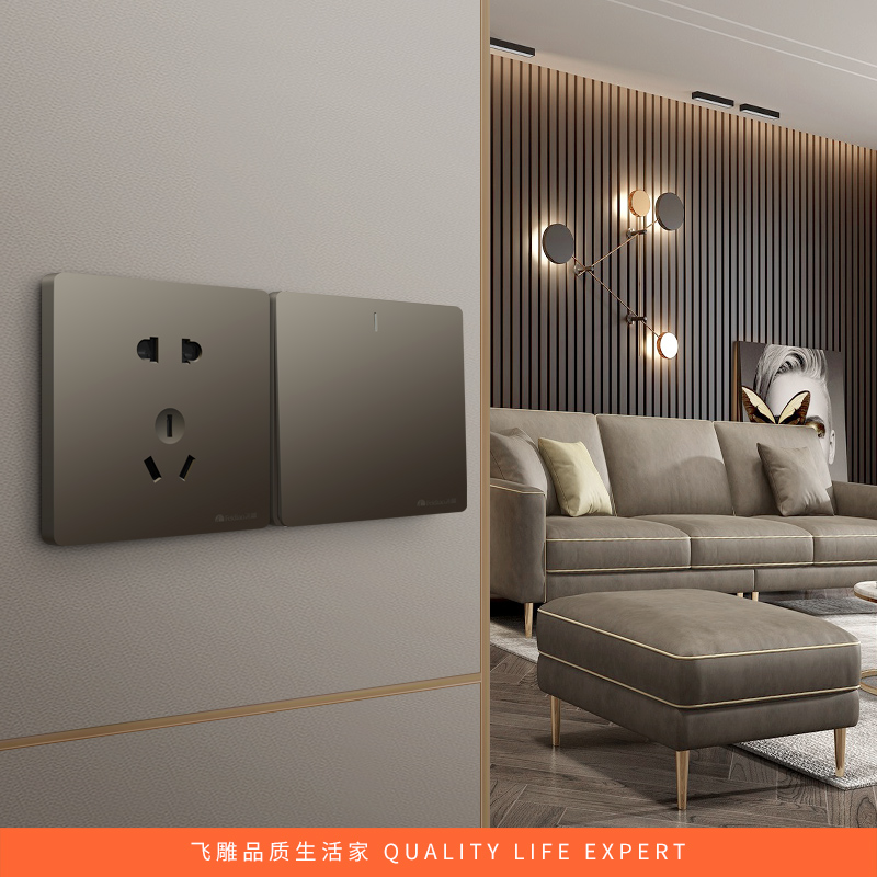 飞雕(FEIDIAO)开关面板A7纯平大板 单控开关 一开单控五孔电源墙壁开关面板 A7荧光灰五孔一开单高清大图