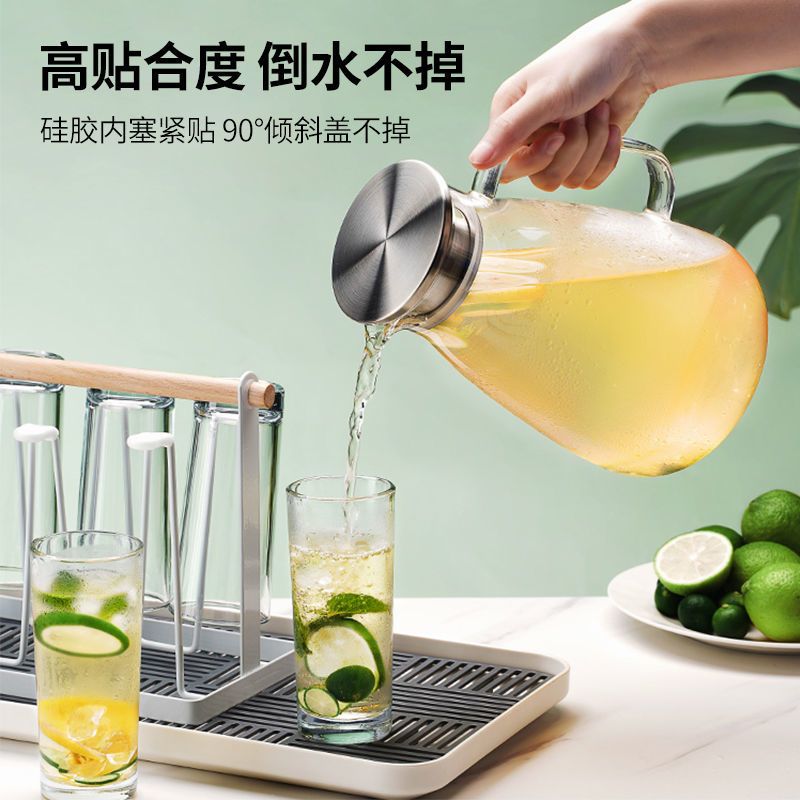青苹果冷水壶玻璃水壶耐热高温白开水杯套装茶壶大容量水瓶凉茶壶 耐温150度:不锈钢盖1.6L嘟嘟壶