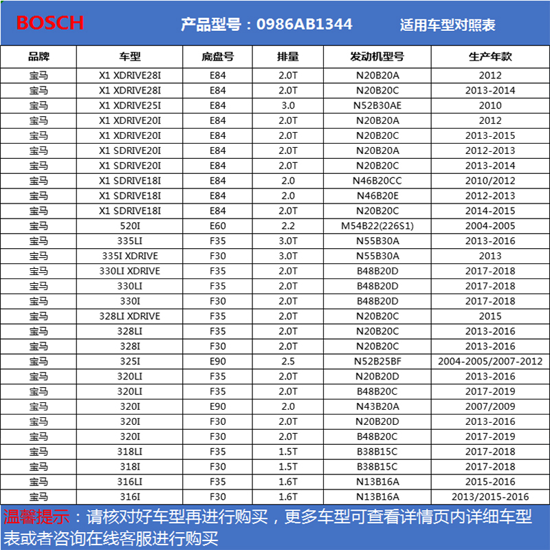 博世(BOSCH)刹车片前片适用于华晨宝马320Li/325i/328Li/X1/宝马318i/ 0986AB1344