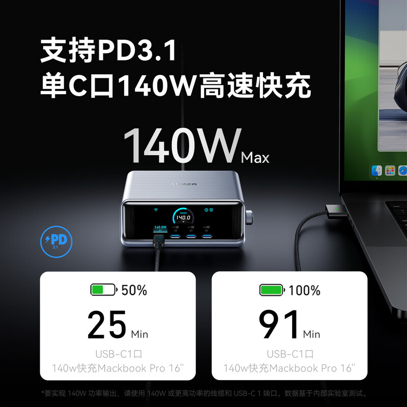 安克桌面充pro250W桌面充电站Prime氮化镓type-c快充适用苹果安卓手机usb笔记本充电器A2345科技灰高清大图