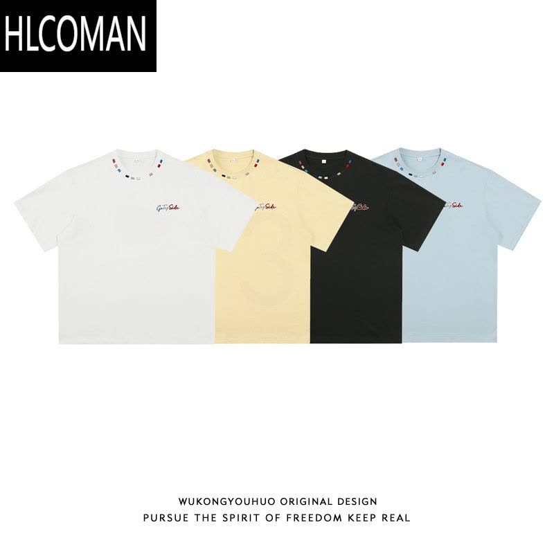 HLCOMAN美式潮牌刺绣设计感短袖T恤男夏季复古宽松情侣体恤图片