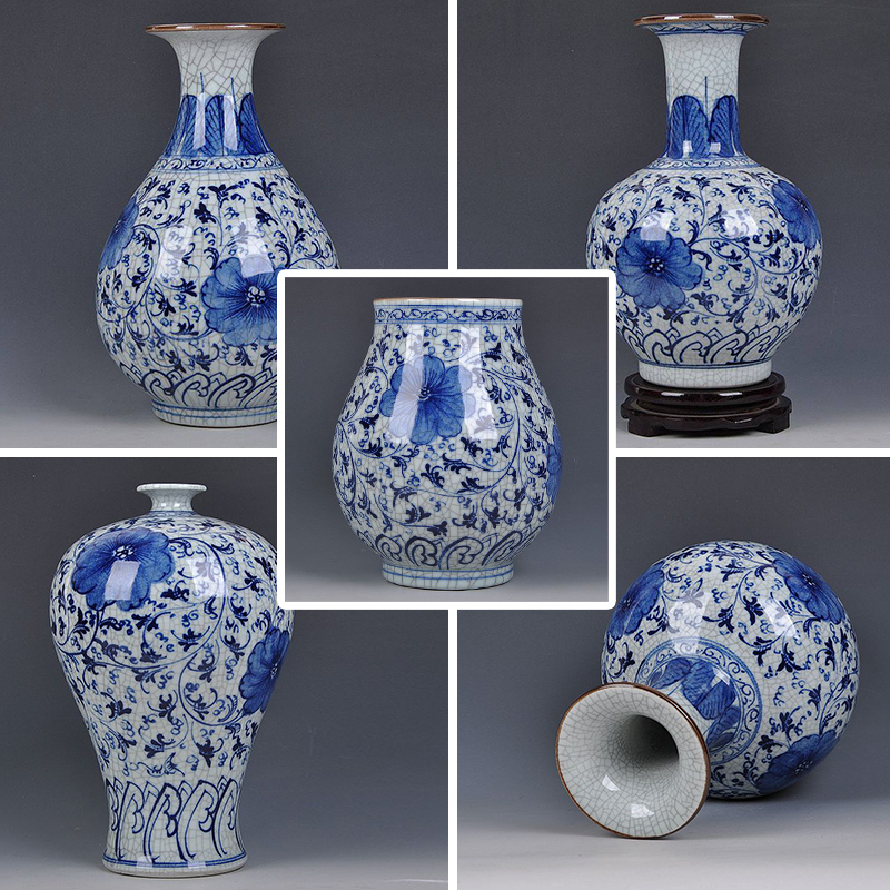 景德镇陶瓷器 手绘釉下彩仿古官窑青花瓷花 博古架工艺品家居摆设 三维工匠 黄色开片福筒送底座摆件高清大图