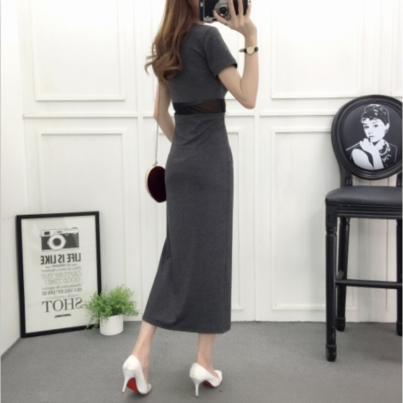 网纱拼接连衣裙女夏季莫代尔露腰长裙短袖圆领显瘦开叉连衣裙