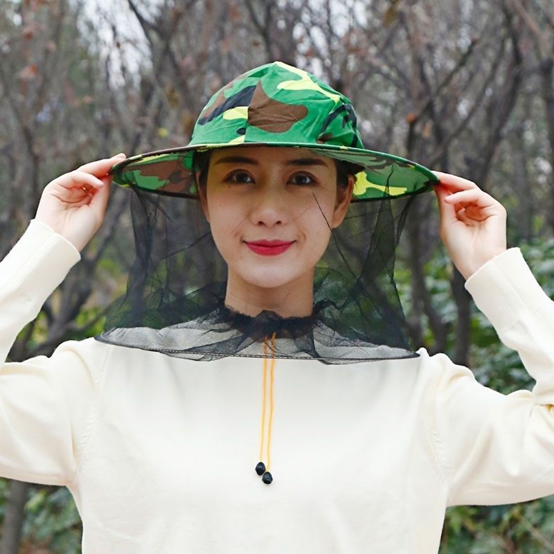 迷彩蜂帽防蜂帽加厚涤棉带网纱帽子防蜜蜂防蚊虫防护帽养蜂帽 绿迷彩
