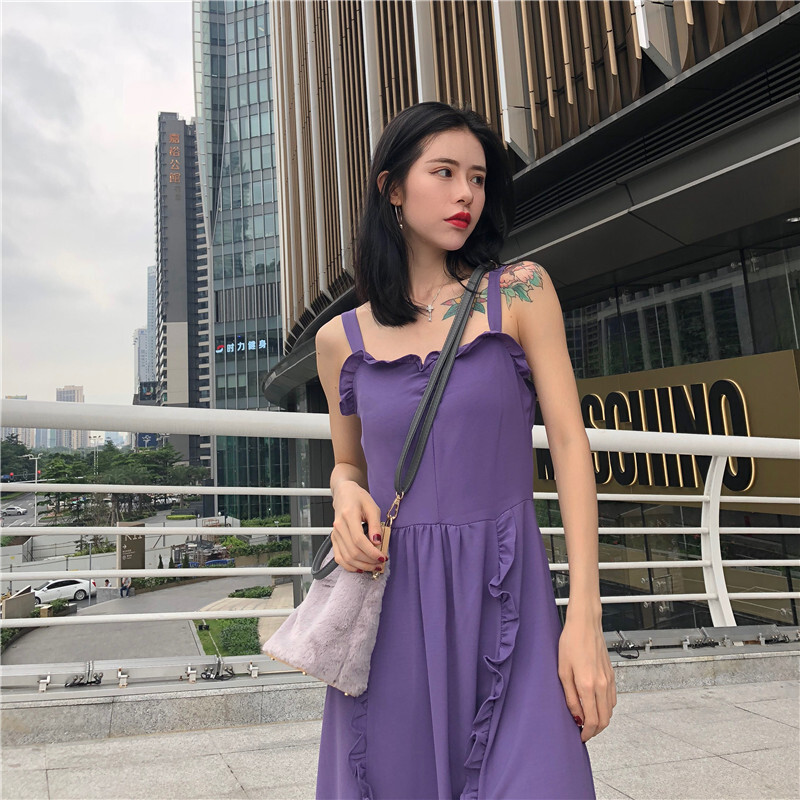 夏季新款温柔木耳花边带裙收腰中长款大摆度假连衣裙女