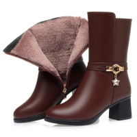 中筒靴女冬季新款女靴子粗跟妈妈棉鞋坡跟软底厚绒靴子中老年棉靴 棕色X-7358厚绒款粗跟5.5cm 42