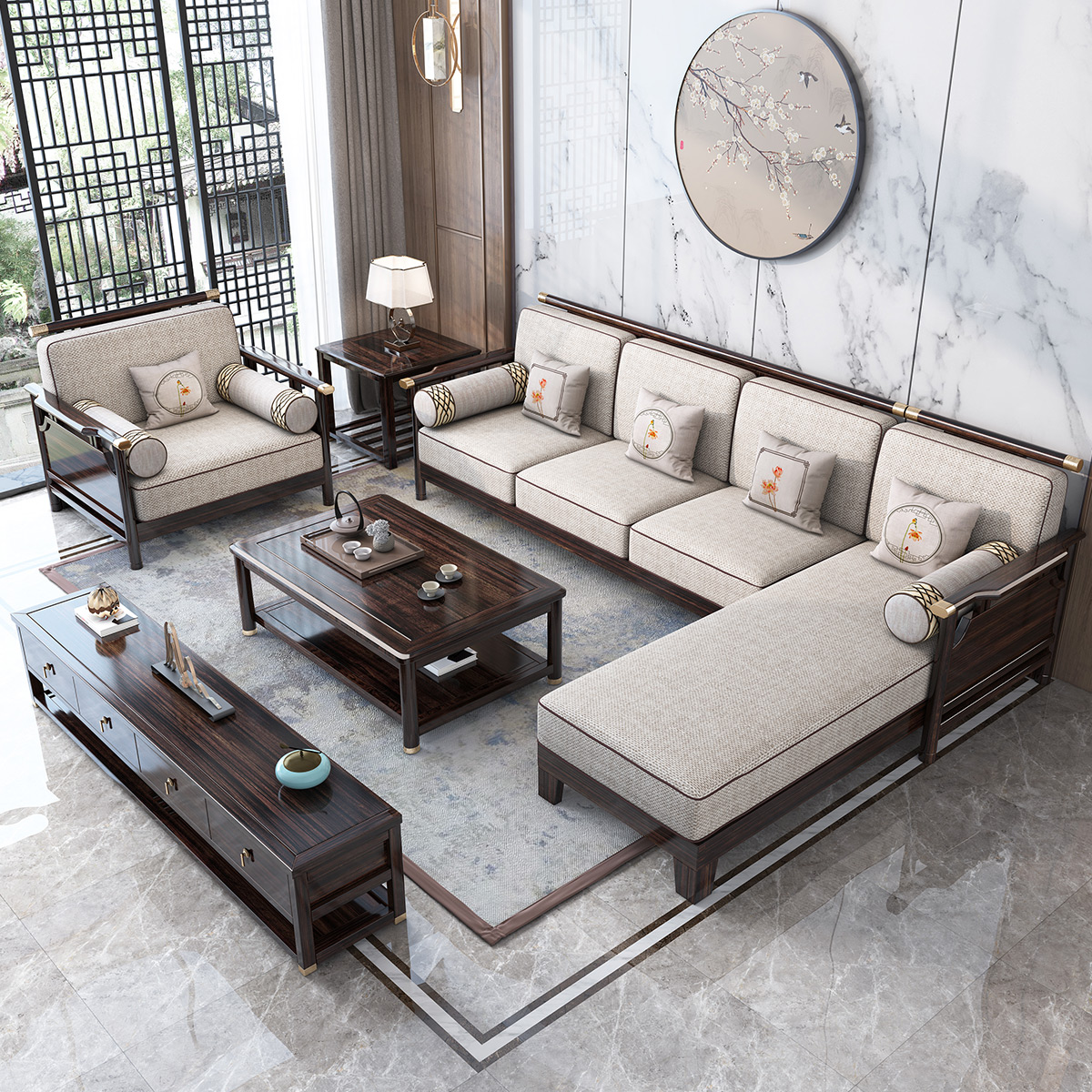 月影梳桐新中式沙发全实木沙发组合现代简约客厅轻奢小户型布艺禅意