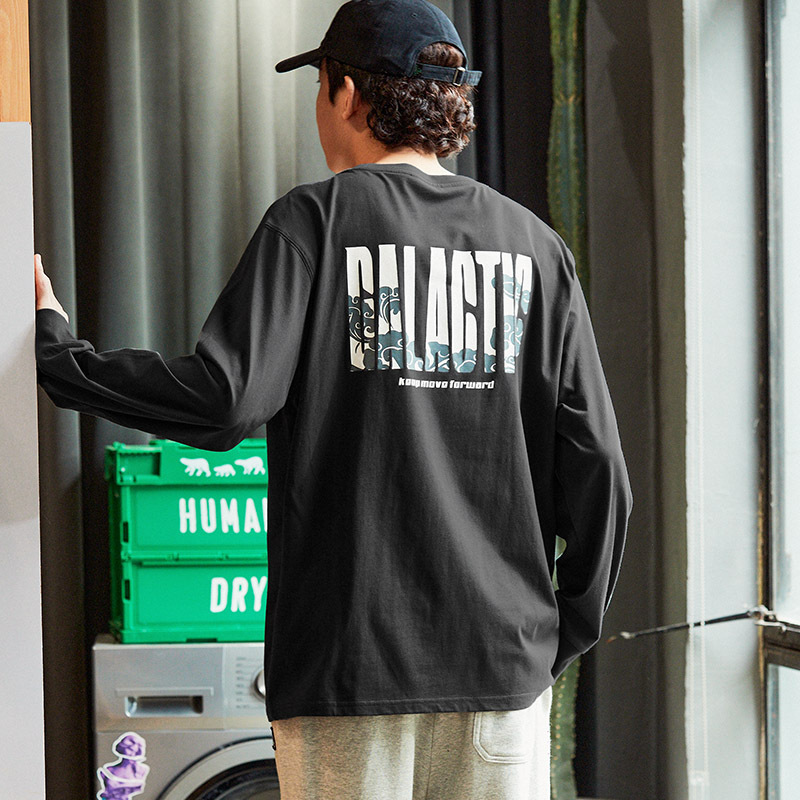 5元]唐狮秋新款潮牌长袖t恤男美式宽松显瘦上衣男黑色内搭打底衫